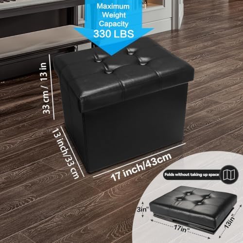 AmasSmile Ottoman with Storage,17" Folding Leather Foot Rest Chest,Black
