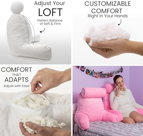 Husband Pillow Medium Reading Pillow with Arms - 23" Backrest for Sitting Up in Bed - Firm Support Bed Rest Pillow for Adults, Neck Roll, Removable Cover - TV, Reading, Lounging - Pink