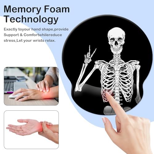 Mouse Pad Wrist Support, Ergonomic Mouse Pad with Wrist Rest,Comfortable Mousepad for Non-Slip Base,Pain Relief Mouse Pads for Desk,Computer,Laptop,Office & Home(Black Human Skeleton Skull)