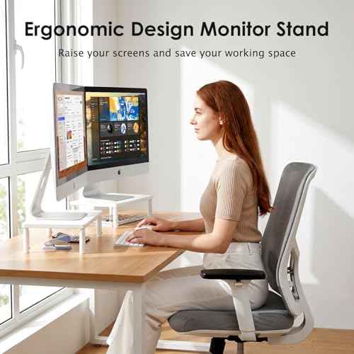 ECOLOVI Adjustable Wood Computer Monitor Stand Riser, Office Desk Organizer and Accessories for Monitor, Laptop, PC, Printer, Office Desk Accessories Workspace Organizer for Home Office Supplies, White