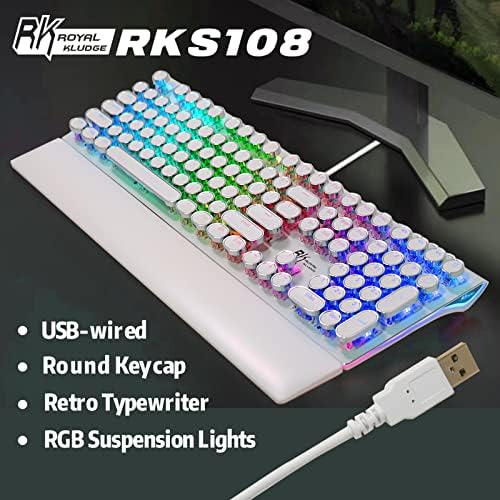 RK ROYAL KLUDGE S108 Typewriter Style Mechanical Gaming Keyboard with RGB Backlit, Wired PC Game Keyboard Full Size with Detachable Wrist Rest and Number Pad, Retro Round Keycaps, Red Switches White
