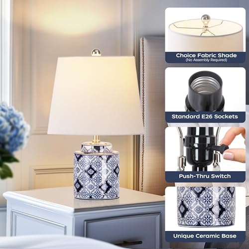 QiMH Ceramic Table Lamps Set of 2, Traditional Bedside Lamps for Bedroom