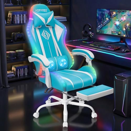 RGB Gaming Chair with LED Lights Massage Ergonomic Computer Chair-Sky Blue