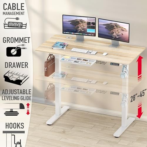 SHW 55 x 28 Electric Height Adjustable Standing Desk w/Drawer, Maple