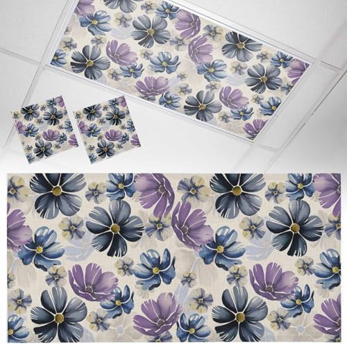 Retro Beige Purple Flower Magnetic Fluorescent Light Covers for Ceiling Lights 2 x 4 Feet,Ombre Blue Green Blossom Floral Office Classroom Kitchen Drop Ceiling Light Covers Filters Shade Panel 2 Packs