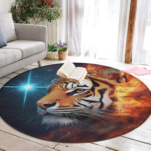 Large Round Area Rug Home Decor Modern Bathroom Rug Kitchen Office Circle Rug for Living Room Sofa Circle Cute Mat Space Fire Flame Animal King Wild Angry Tiger, 60inch