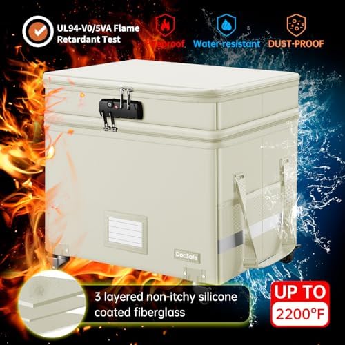 DocSafe Fireproof Document Box with Lock,2-Layer File Box with Wheels,Collapsible File Storage Organizer with Pockets,Large Portable Office Filing Cabinet for Hanging Folders,Beige,16''x13.8''x12.2''