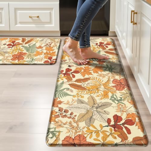 2Pc Botanical Kitchen Rugs Set, Orange Brown 17.3"x28" + 17.3"x47"