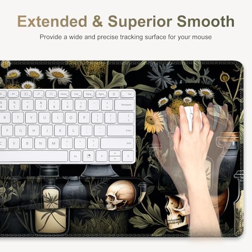 Large Mouse Pad with Wrist Support 4 in1 Set, XXL Big Game Mousepad + Keyboard Wrist Rest+Mouse Wrist Rest+Coaster Gaming Mat for Home Office Computer I Black Academia Mystical Green Plant