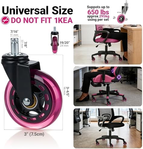 Dark Pink Office Chair Wheels, 3 Inch Heavy-Duty Rubber Wheels for Office Chairs, Computer Gaming Desk Wheels Smooth Rolling for Hardwood Carpet Tile Floors, 11 * 22mm