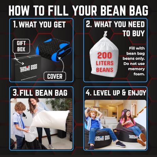 Gaming Bean Bag Chair Cover for Kids, High Back, Large Pockets, Blue