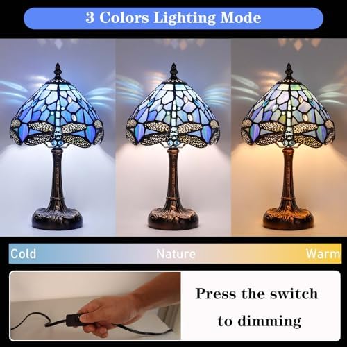 Stained Glass Bedside Small Table Lamp, Adjustable 3 Color Temperature, Blue Dragonfly Style Lampshade & Antique Leaf-Patterned Relief Base Desk Nightstand Light Decor for Bedroom Bookcase