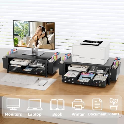 2-Tier Monitor Stand with Drawer, Metal Desk Riser, Black