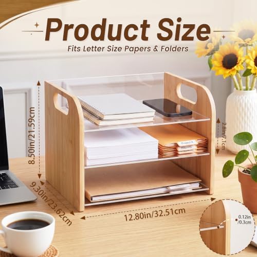 Marsui 3 Tier Desk Paper File Organizer, Bamboo & Acrylic Letter Tray