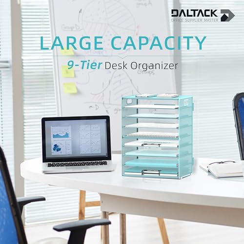 9-Tier Paper Organizer for Desk, Metal Mesh Letter Tray with Handles, Blue