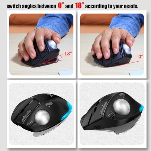 zelotes Wireless Trackball Mouse,Bluetooth Mouse,Rechargeable,4800 DPI, 2-in-1(BT 5.0/3.0+2.4GHz USB Receiver), 8 Buttons,Ergonomic Design,LED Lighting,for Laptop, PC, Pad,Black