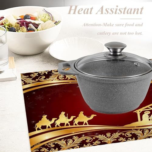 Shrahala Christian Christmas Golden Floral Set Of 4 12 X 18 Inch Linen Placemats , Christmas Wise Men Golden Star Bethlehem Burlap Table Mat Washable Double Layered Heat Insulation For Indoor/Outdoor