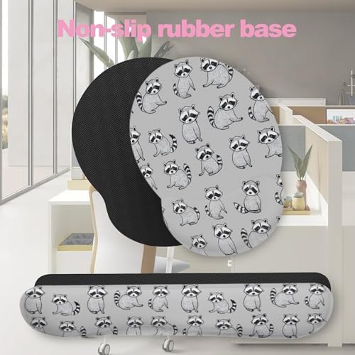 Cute Raccoon Ergonomic Wrist Support Keyboard Mouse Wrist Rest Set, Computer Office Comfortable Wrist Rest for Mouse Easy Typing