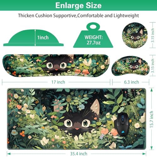 Canjoy Desk Mat with Wrist Rest, Anime Black Cats Keyboard and Mouse Pad