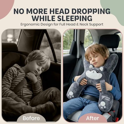 Kids Car Sleeping Pillow, H-Shaped for Neck & Back Support, Grey Dog