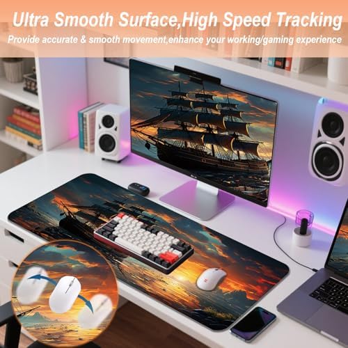 Gaming Mouse Pad 31.5x11.8 inch XL Large Extended Mouse Pad, Big Mousepad Desk Mat for Computer with Non-Slip Rubber Base and Stitched Edge-Sailboat