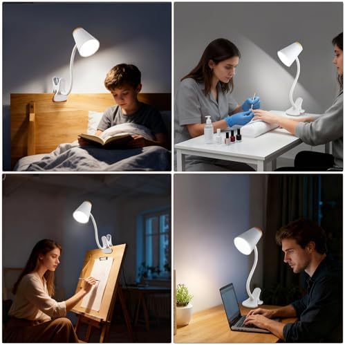 EJIAXIN Clip on Desk Lamp for Home Office - Small LED Touch Dimmable Reading Light for College Dorm Room - Adjustable Flexible Gooseneck Clamp Light Table Lamp for Bedside Bedroom Bed Headboard White
