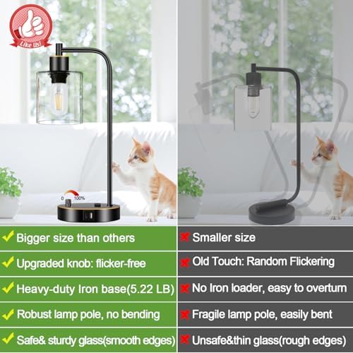 Set of 2 Black and Gold Industrial Table Lamps with USB Port, Fully Stepless Dimmable Bedside Lamps for bedrooms, Nightstand Desk Lamps with Clear Glass Shade for Reading Office 2 LED Bulb Included
