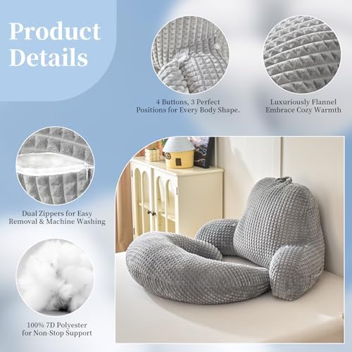 19" Reading Pillow for Bed,U Shaped Arm & Elbow Support,Gray Flannel