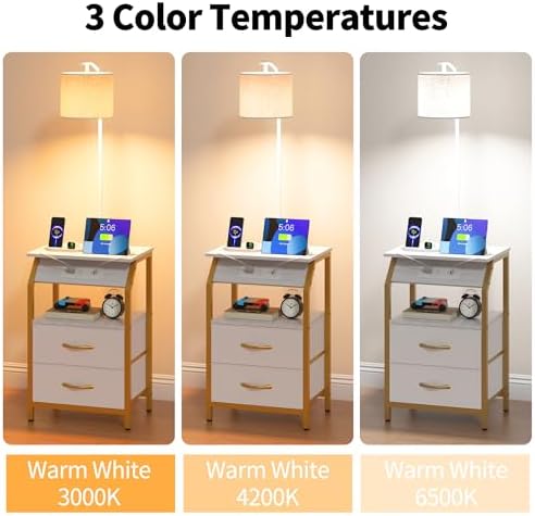 End Table with Floor Lamp, Nightstand with Charging Station, Floor Lamp Table with 3-Color Temperature Bulb, Bedside Table Night Stand with 2 Drawers for Bedroom, Living Room, Gold