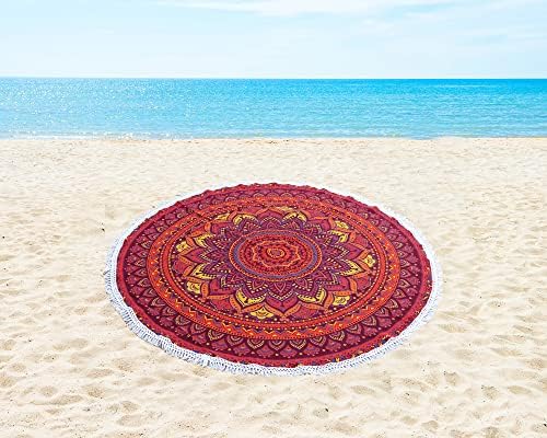 Round Beach Tapestry Turquoise Mandala Throw/Boho Hippie Beach Blanket Roundie/Indian Cotton Bohemian Large Round Table Cloth-Home Decor/Yoga Mat Meditation Picnic Rug (42", Orange)