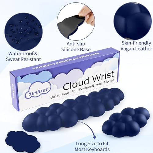 Sushret Cloud Wrist Rest Keyboard, Cloud Keyboard Wrist Pad Set with PU Leather Memory Foam, Cute Arm Rest for Palm Support, PC/Gaming Desk Accessories/Office Setup/Computer Hand Cushion - Dark Blue