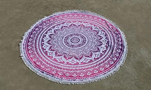 Round Beach Tapestry Turquoise Mandala Throw/Boho Hippie Beach Blanket Roundie/Indian Cotton Bohemian Large Round Table Cloth-Home Decor/Yoga Mat Meditation Picnic Rug (42", Pink and White)