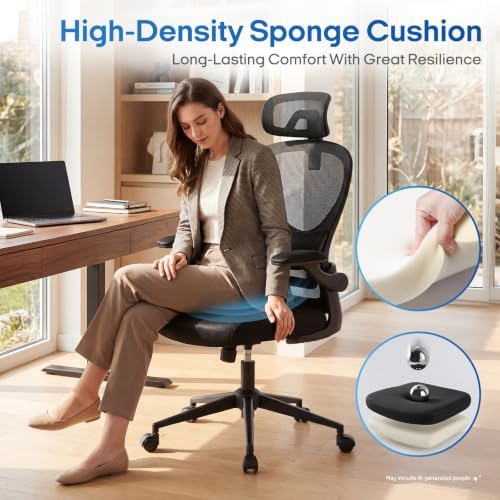 LuxErgo Ergonomic Office Chair, High Back Home Office Chair with 4D Adjustable Headrest & Lumbar Support, 330lbs Capacity Mesh Desk Chairs with Flip-Up Arms, Comfortable Computer Chairs, Black