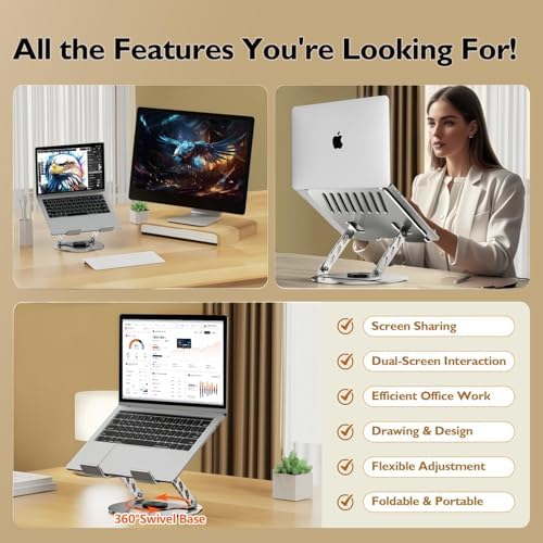 Laptop Stand for Desk - All-Metal Ergonomic Computer Stand & Laptop Riser, 360° Rotatable & Adjustable & Foldable, Laptop Holder for MacBook Pro/Air, Dell XPS, HP, Notebooks (10-17.3"), Gray