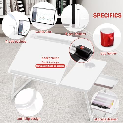 CloudTrip Plus XL Adjustable Laptop Desk with Light, USB Port, iPad Holder, Drawer Storage - Larger 23.6IN Adjustable Lap Desk for Bed, Home Office, Breakfast Tray, Fordable Legs Desk (White)