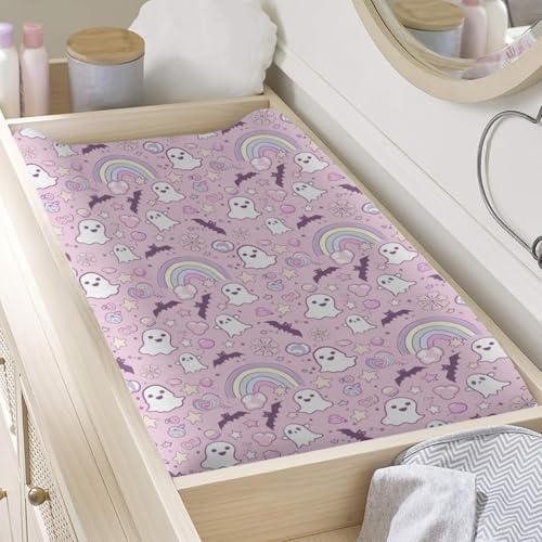 Cute Cartoon Halloween Theme Bats Rainbow Pattern Baby Changing Pad Cover, Unisex Fall Winter Holiday Nursery Diaper Changing Table Pad Mat Sheet for Boys Girls-16x32