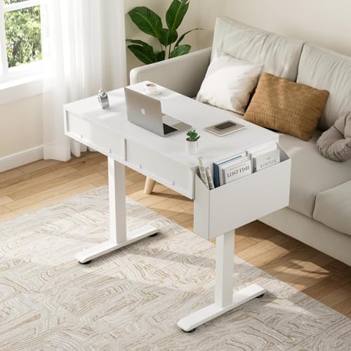 KLUVIS Small Electric Standing Desk with Drawers, 32 Inch, White