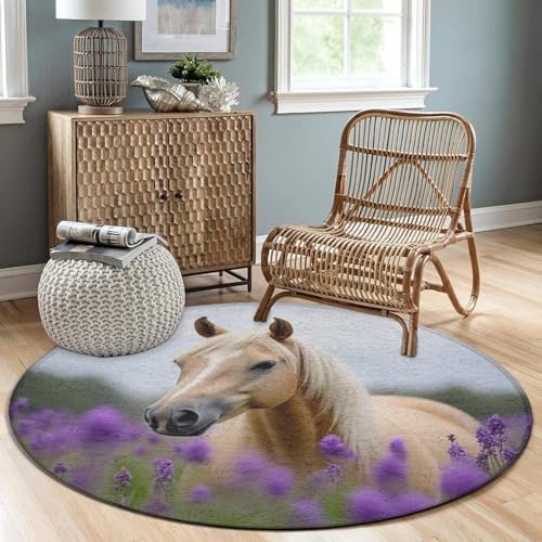 Fashion Round Area Rug Large Non Slip Carpet, Lavender Horse Unisex Home Decor Mat