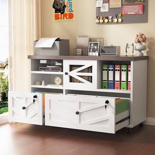 White Lateral File Cabinet with Lock, 2 Drawer Rolling Filing Cabinet for Home Office, Mobile Storage Cabinet with Open Shelves & Sliding Door, Fits Legal/Letter/A4 Files, Herringbone Design
