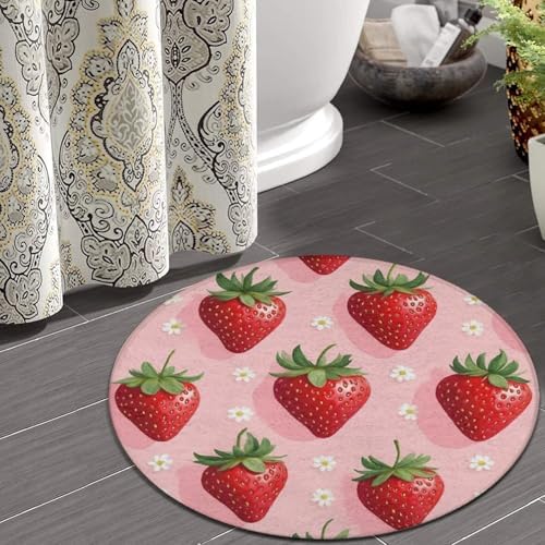Women's Large Home Decor Mat, Soft Round Yoga Carpet, Non Slip Machine Washable Home Office Circle Rug Flowers Pink Strawberry