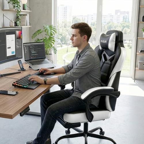 Gaming Chairs with Footrest, Big and Tall Gamer Chair with Headrest and Lumbar Support for Adults, White