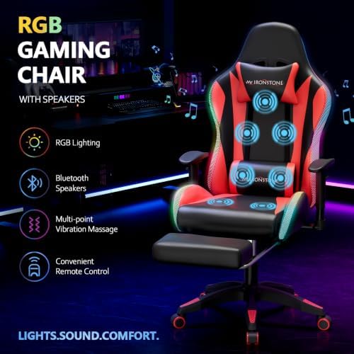 Mr IRONSTONE RGB Gaming Chair with Bluetooth Speakers, Multi-Point Vibration Massage Gaming Chair (Seat, Back & Lumbar), Ergonomic High Back Recliner, Footrest for Adults, Iridescent Red