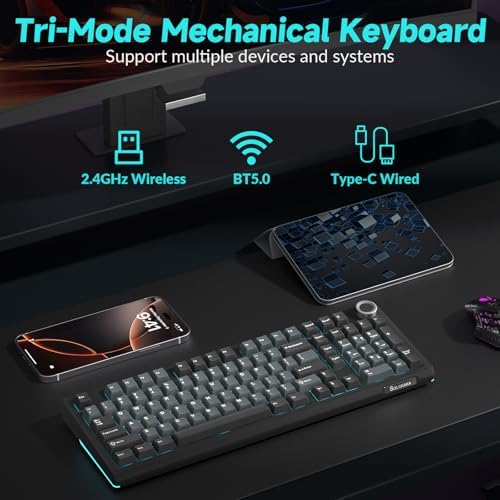 SOLAKAKA KI99 Pro Wireless Mechanical Keyboard with Quiet Switch, Hot Swappable Pre-Lubed Switches with RGB Backlit, Gasket Structure Computer Gaming Keyboard (BlackBlue, Silent Switch)