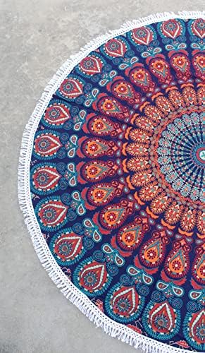 Round Beach Tapestry Turquoise Mandala Throw/Boho Hippie Beach Blanket Roundie/Indian Cotton Bohemian Large Round Table Cloth-Home Decor/Yoga Mat Meditation Picnic Rug (42", Orange and Blue)