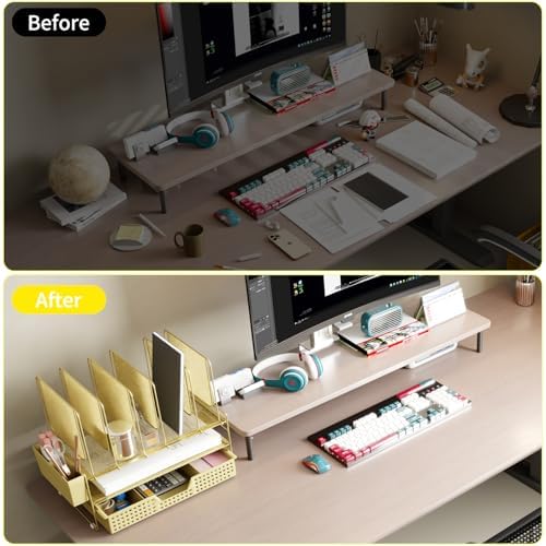 LEKETREE Gold Desk Organizer, Office Organization with Vertical File Holder, File Organizer with Drawer and Pen Holder, Desk Accessories and Workspace Organizers for Home Office (Gold)