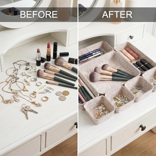 Felt Desk Drawer Organizer, 8pcs Shallow Storage Trays Bins, Office Accessories Box Inserts College Jewelry & Makeup Boxes Containers(Beige)