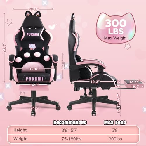 Black Gaming Chair with Cat Ears and Cat Paw Lumbar Cushion, Ergonomic Gaming Computer Desk Chair with Footrest and Linked Armrests, Comfortable Cute Cat PU Leather Game Chair for Girls and Adults