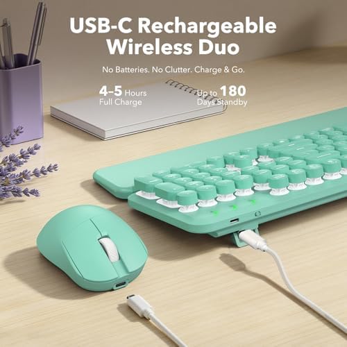 Wireless Keyboard and Mouse Combo, Backlit Round Keycaps, Retro Typewriter Keyboard with Detachable Wrist Rest, Rechargeable & Tilt Legs, 2.4GHz Cordless Connection for Windows/PC (Glowing Turquoise)
