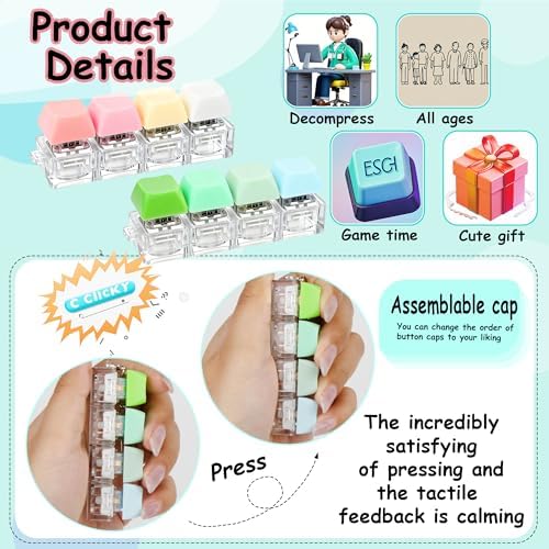 2 PCS Keyboard Fidget Toy, Keyboard Fidget Keychain 4-in-1 Keyboard Decompression Button Finger Clicker Toys, Button Stress Relief Fidget Gifts to Relief Stress (Pink Yellow White Green)