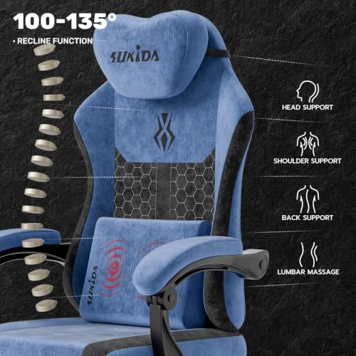 SUKIDA Fabric Video Gaming Chair, Ergonomic High-Back Computer Game Chairs with Large Massage Adjustable Lumbar Support, Headrest and Linked Armrests for Long Hours Sitting Task Chair, Black Blue